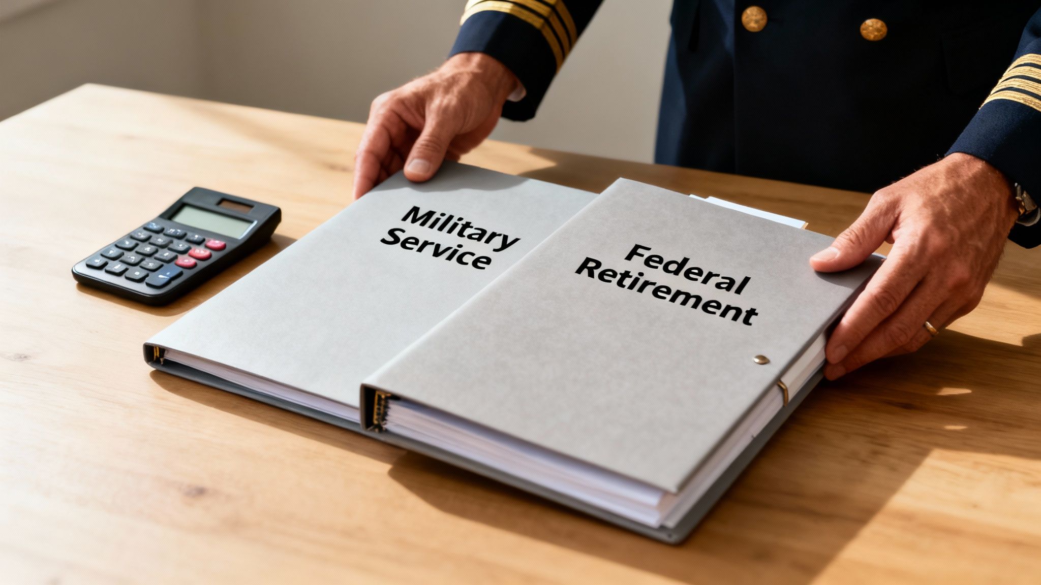 A military officer's hands are on binders labeled 'Military Service' and 'Federal Retirement' with a calculator, symbolizing career choices. A military officer's hands are on binders labeled 'Military Service' and 'Federal Retirement' with a calculator, symbolizing career choices.
