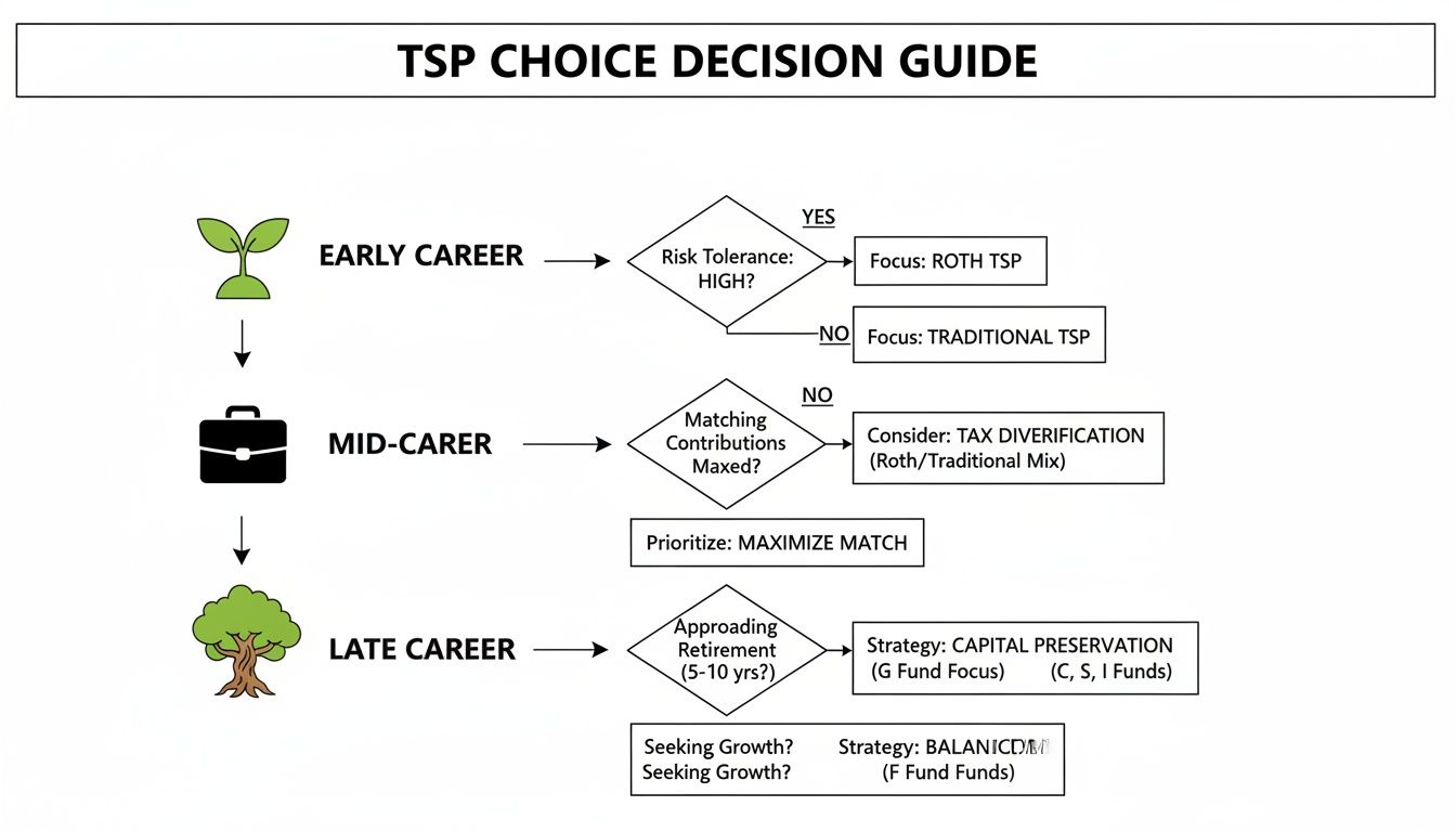 Flowchart guiding TSP investment choices for early, mid, and late career stages.