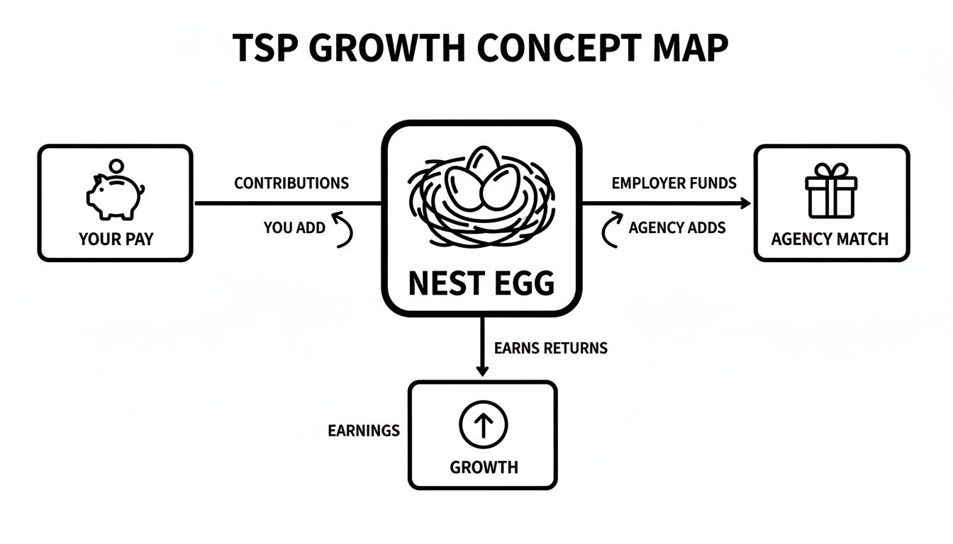 Concept map illustrating TSP growth with contributions from your pay, agency match, and earnings from a nest egg. Concept map illustrating TSP growth with contributions from your pay, agency match, and earnings from a nest egg.