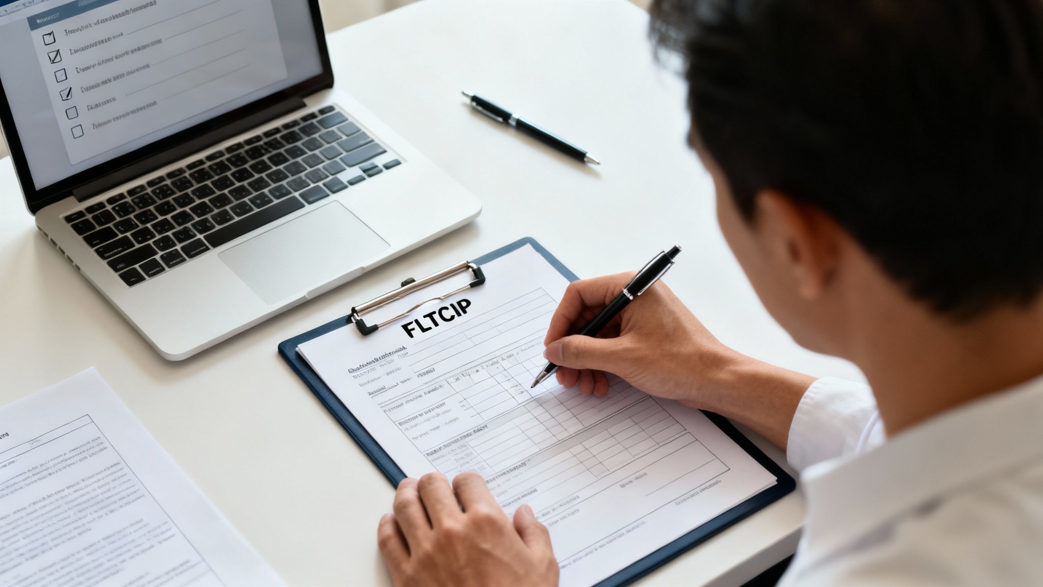 A person's hands filling out an application form with a pen, representing the FLTCIP enrollment process.