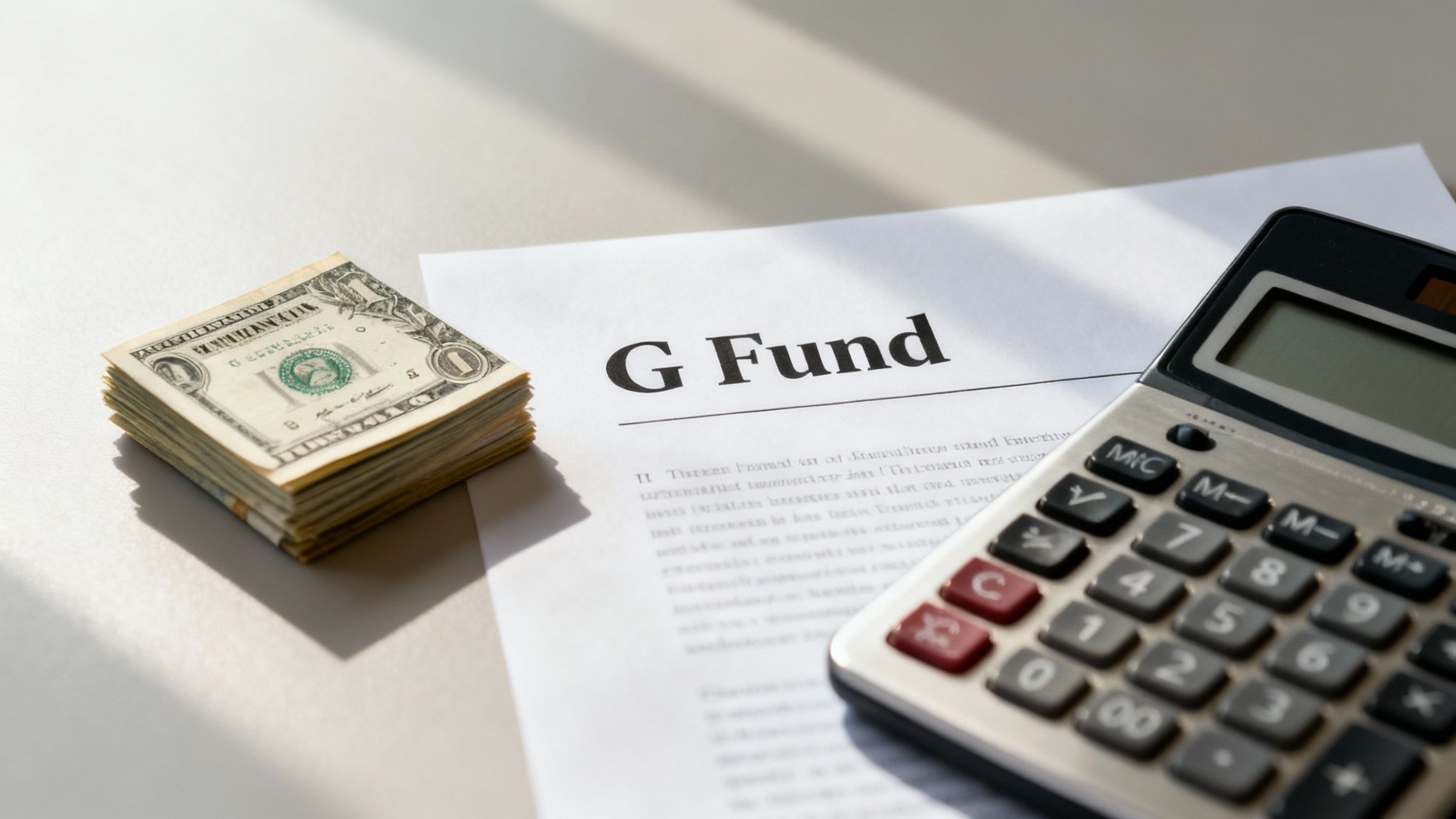 A G Fund document, dollar bills, and a calculator, representing financial planning and investment.