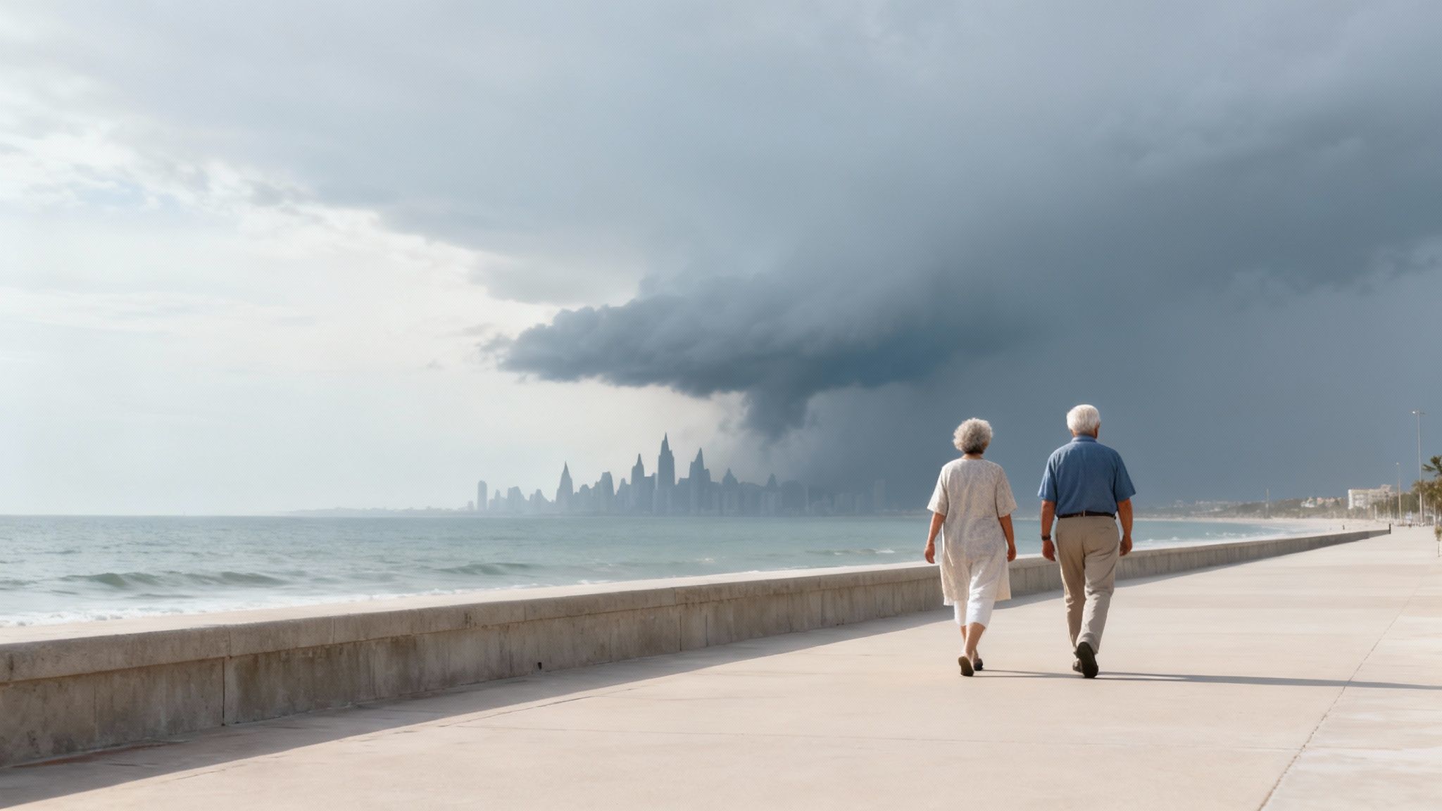 Elderly couple walks on a seaside promenade with a distant city skyline under dramatic storm clouds. Elderly couple walks on a seaside promenade with a distant city skyline under dramatic storm clouds.