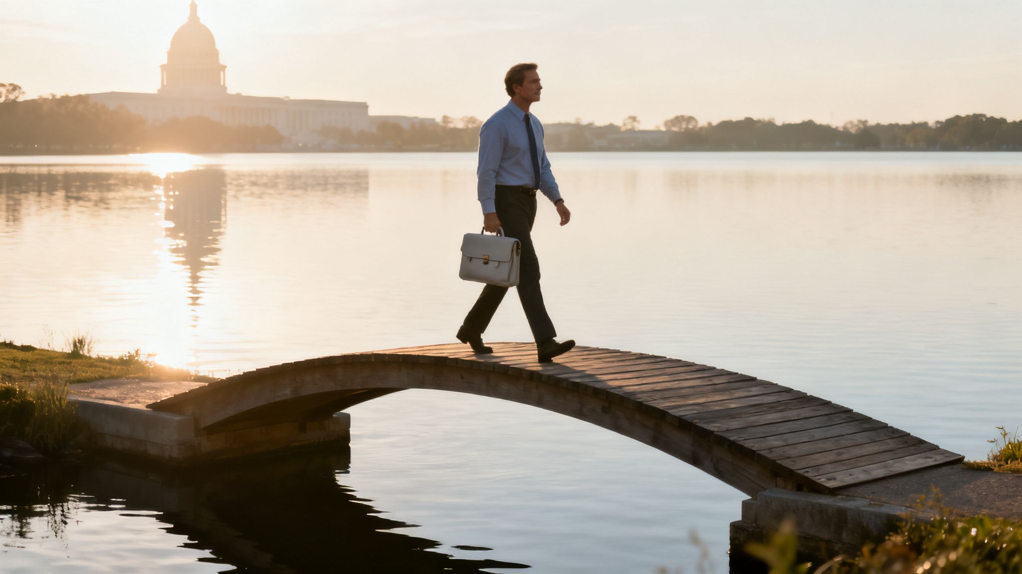 A businessman in a suit walks across a wooden bridge over water, holding a briefcase, with a capitol building in the background at sunrise.