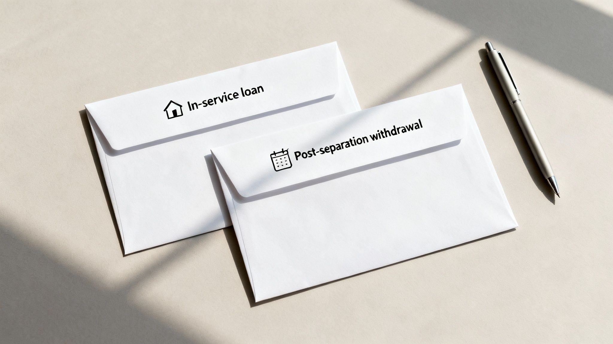 Two envelopes showing financial options: 'In-service loan' and 'Post-separation withdrawal', with a pen. Two envelopes showing financial options: 'In-service loan' and 'Post-separation withdrawal', with a pen.