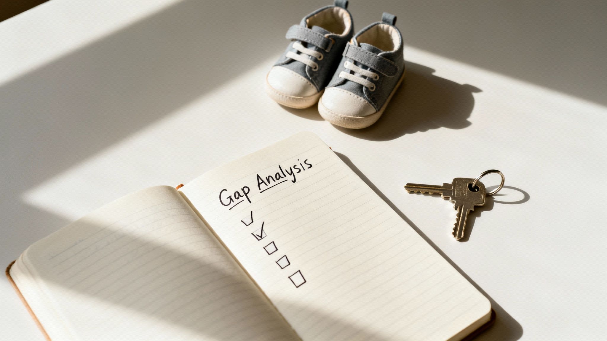 A notebook with 'Gap Analysis' and checkboxes, baby shoes, and house keys on a table. A notebook with 'Gap Analysis' and checkboxes, baby shoes, and house keys on a table.
