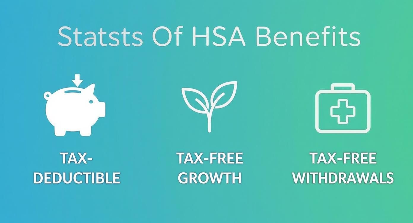 Infographic showing three key benefits of an HSA: tax-deductible, tax-free growth, and tax-free withdrawals.