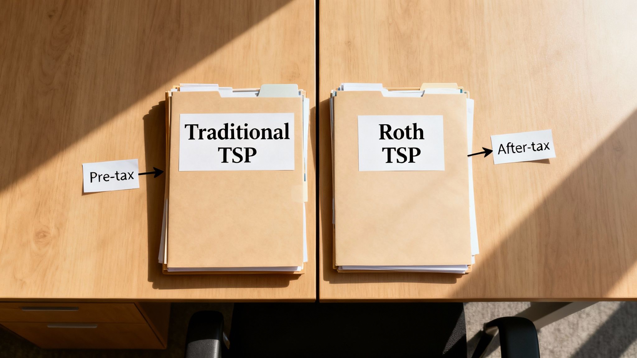 Two folders on a desk showing Traditional TSP for pre-tax and Roth TSP for after-tax contributions.