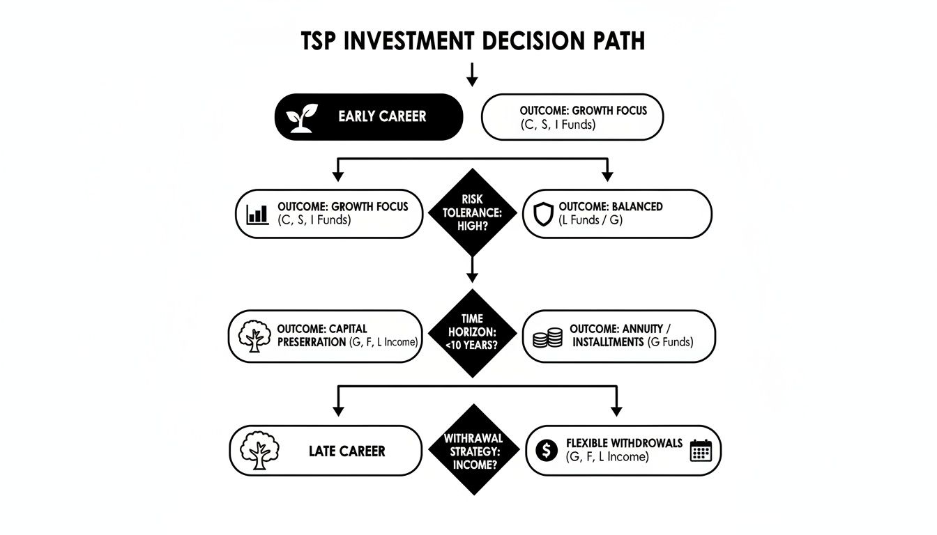 A flowchart illustrating the TSP investment decision path based on career stage, risk, time, and withdrawal strategy.