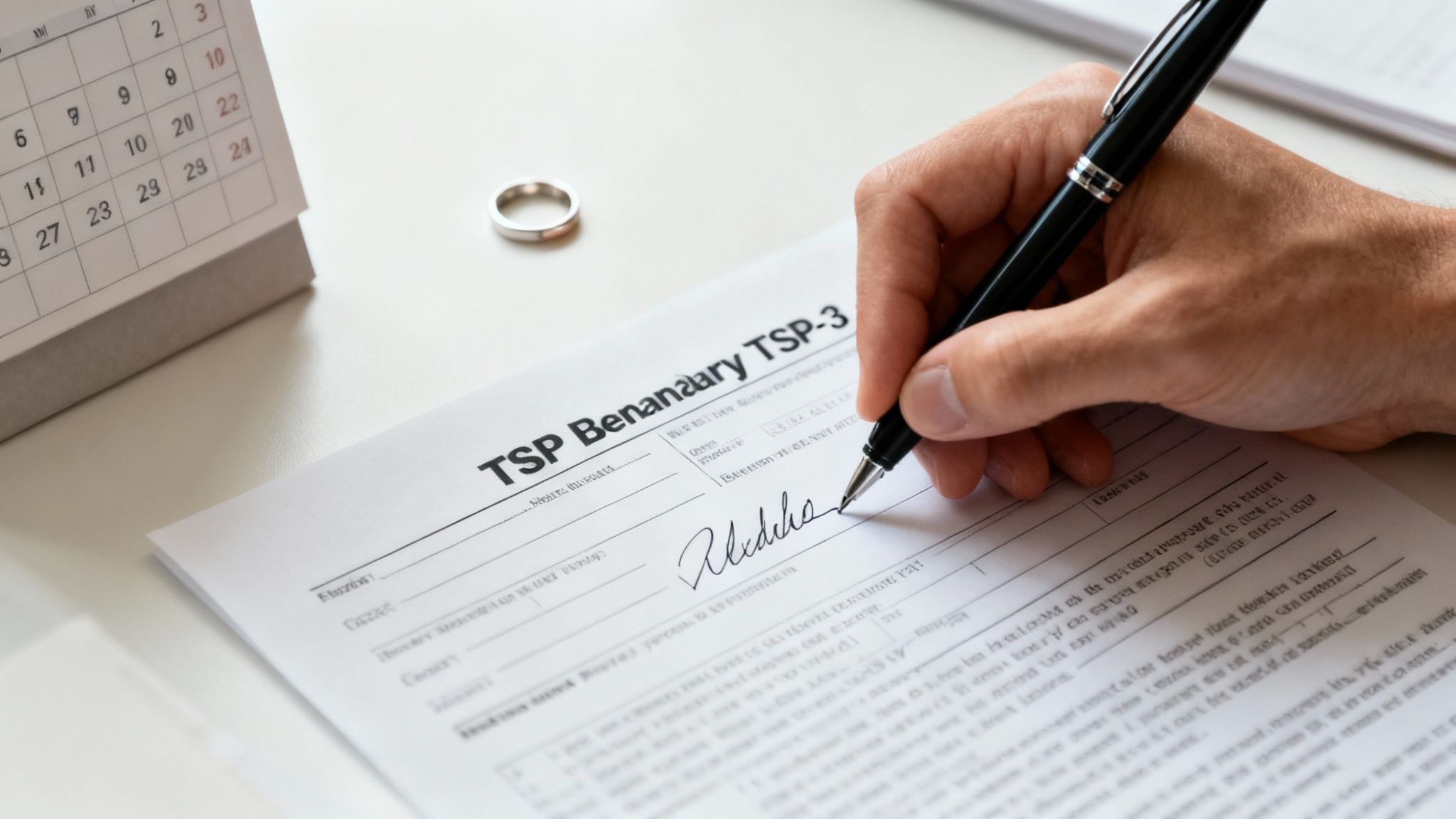 A person carefully reviewing and signing an important document, symbolizing the TSP beneficiary form A person carefully reviewing and signing an important document, symbolizing the TSP beneficiary form
