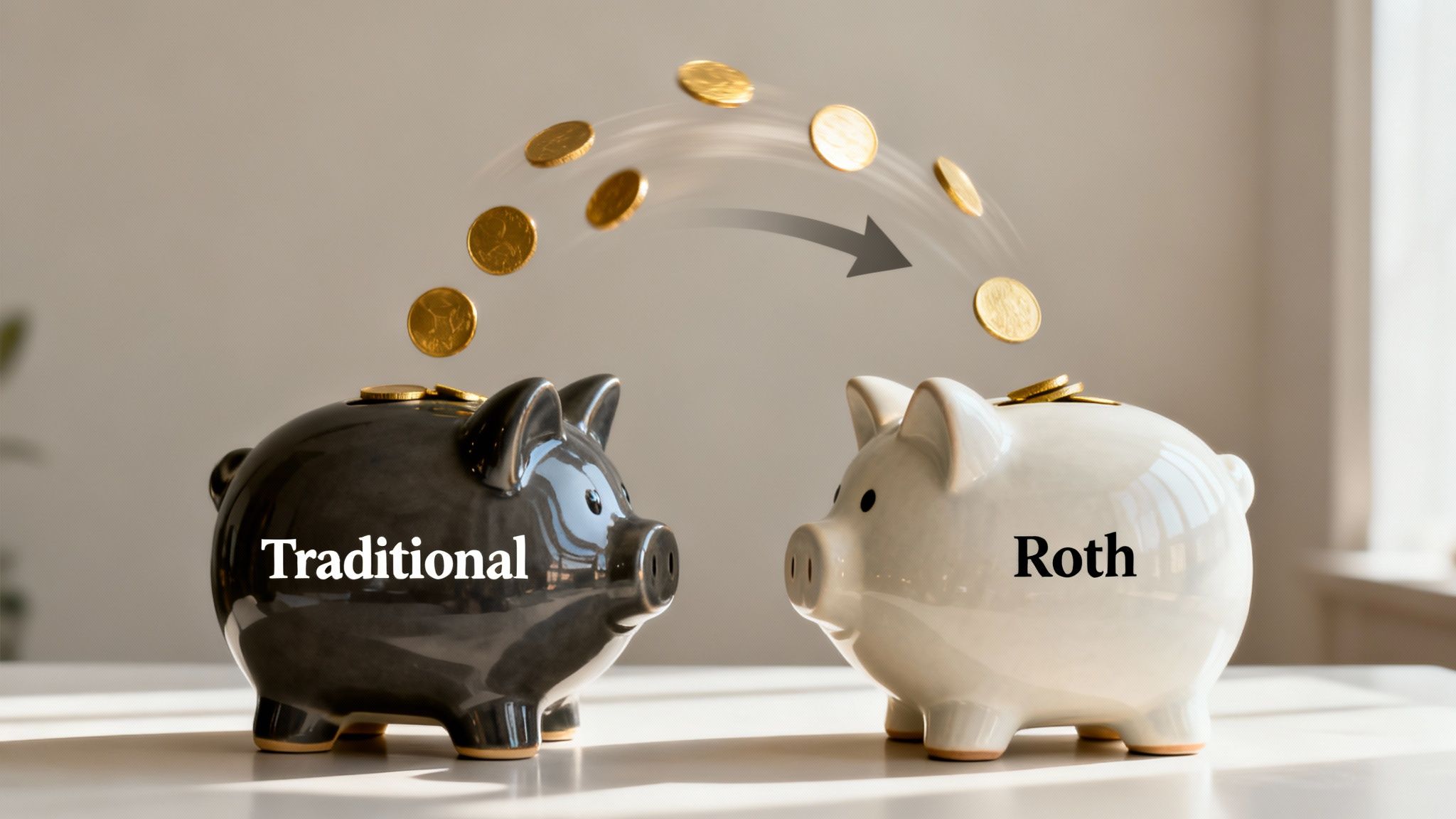 Gold coins moving from a Traditional to a Roth piggy bank, symbolizing a Roth conversion.
