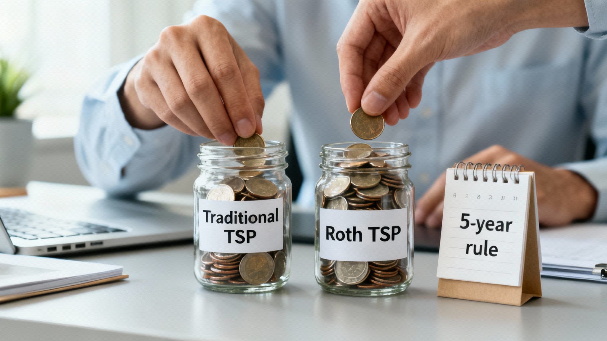 Hands putting coins into 'Traditional TSP' and 'Roth TSP' jars, with a '5-year rule' calendar.