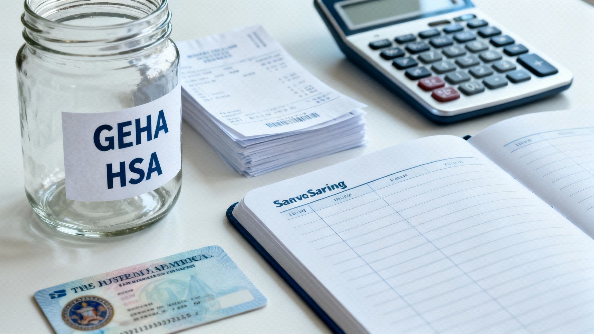 GEHA HSA jar with receipts, calculator, and health savings account tracking notebook on desk GEHA HSA jar with receipts, calculator, and health savings account tracking notebook on desk