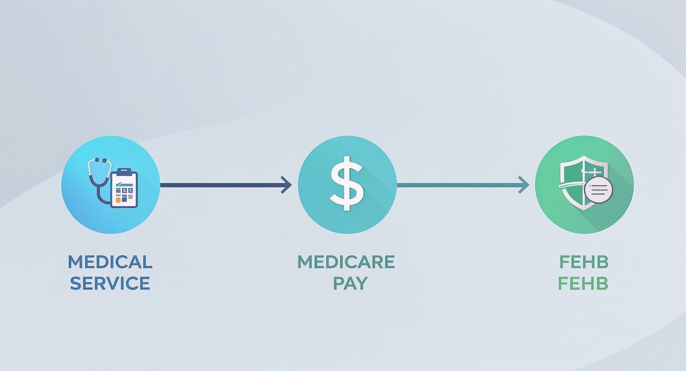 Flowchart illustrating medical service leading to Medicare payment, then to FEHB coverage for health benefits.