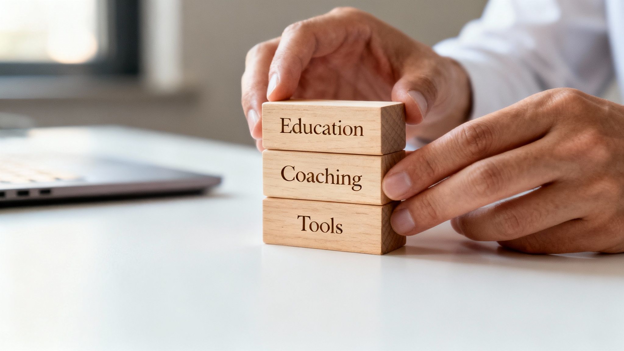 An image showing a flowchart with icons representing different financial wellness components like education, coaching, and tools, creating a holistic program.