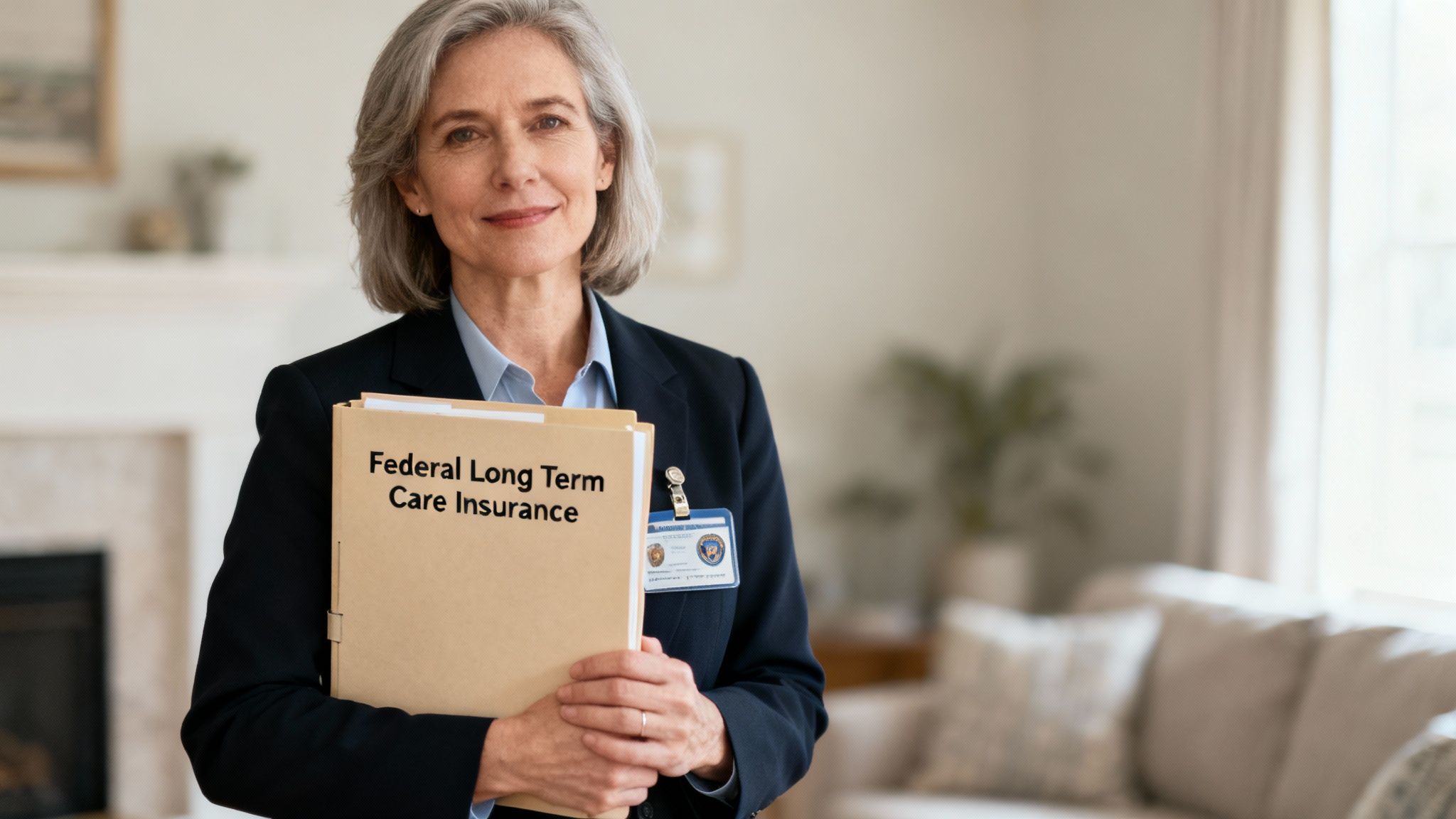 A healthcare professional assisting an elderly person with a walker in a well-lit room, representing long-term care support.