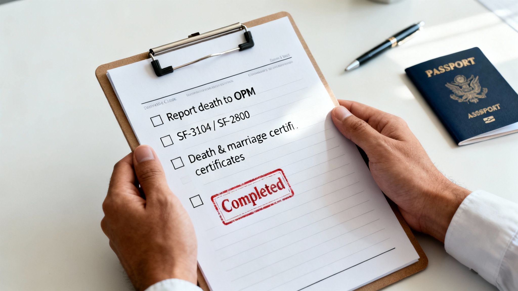 A person holds a checklist marked 'Completed' for federal retirement survivor benefits, with a passport nearby.