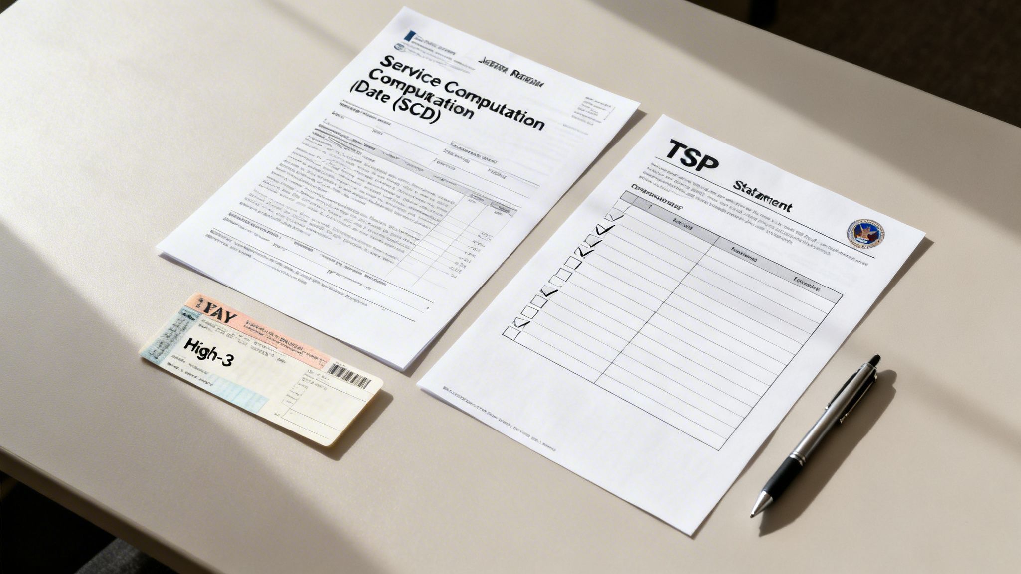 Essential retirement planning documents: Service Computation Date, TSP Statement, High-3 card, and a pen on a desk.