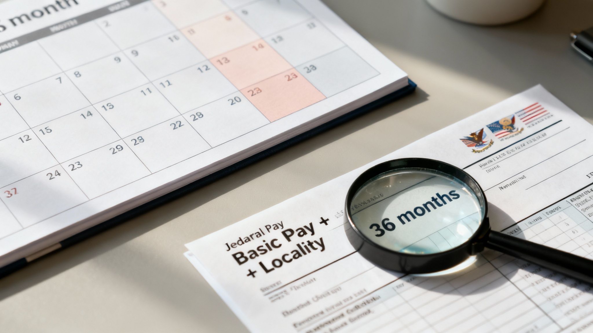 A magnifying glass hovering over salary documents on a desk, representing the process of identifying the High-3 salary.