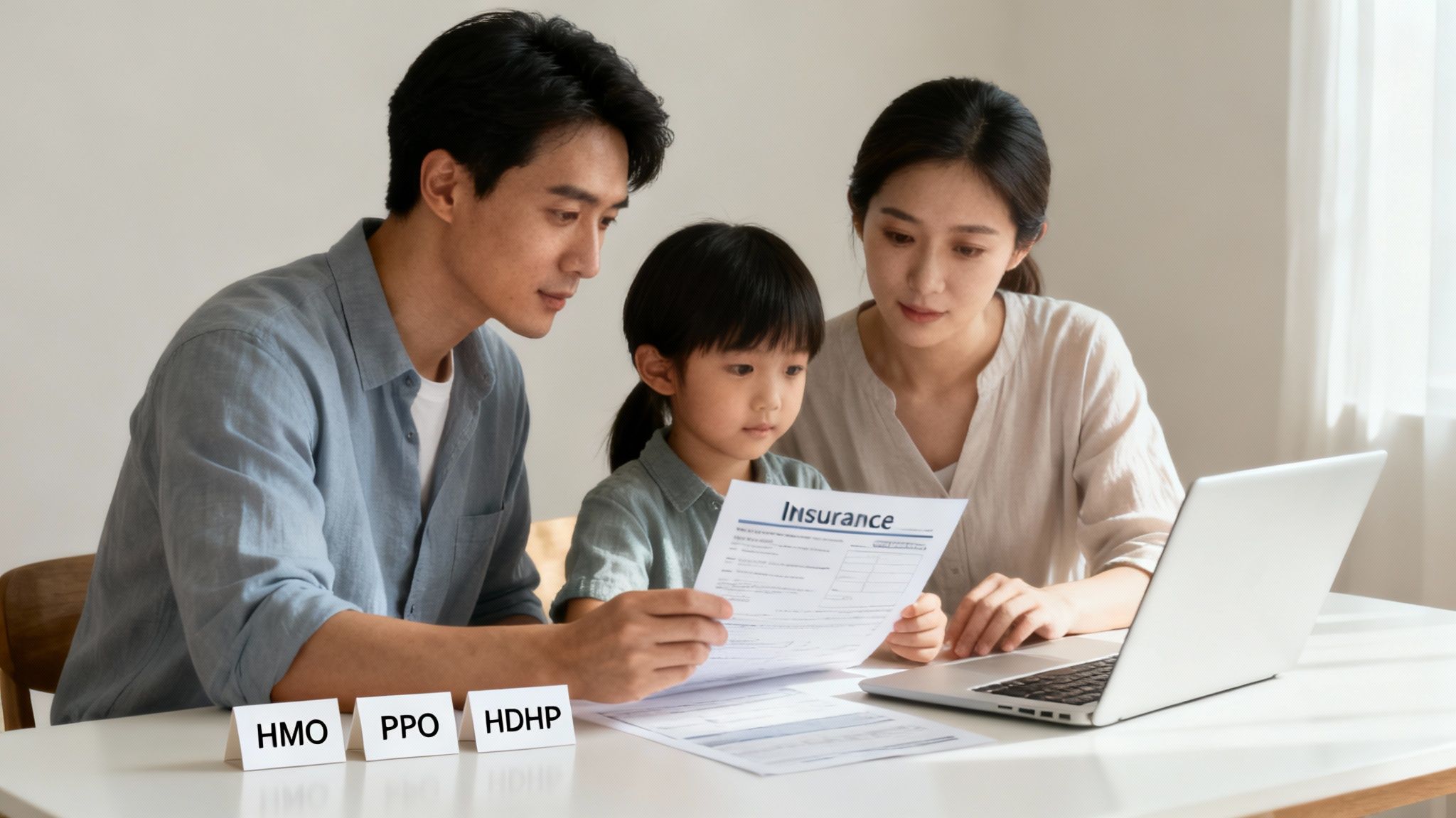 An umbrella shielding a family, symbolizing the protection of health and life insurance.