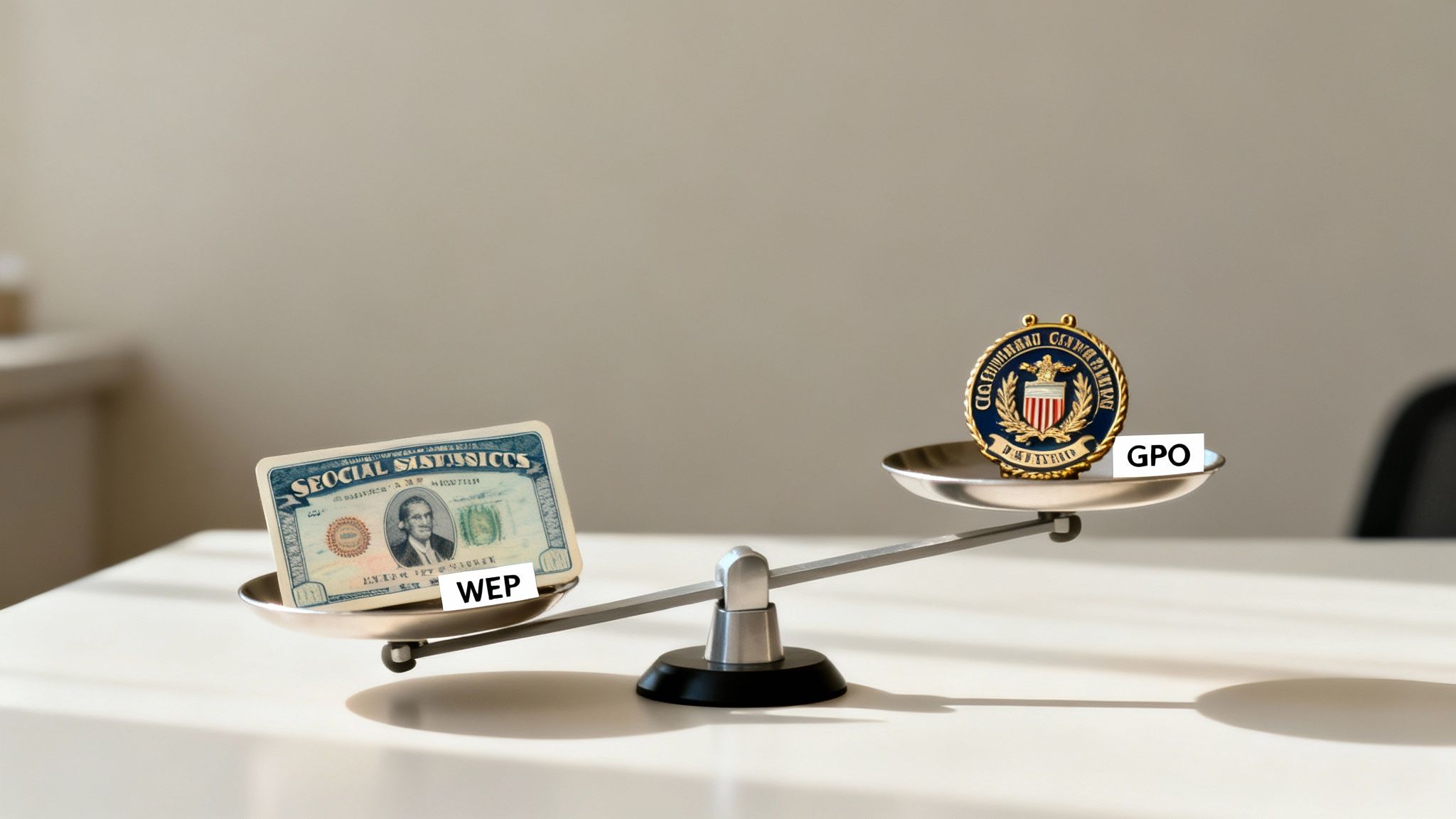 A balance scale weighing a Social Security card labeled WEP against a government seal labeled GPO. A balance scale weighing a Social Security card labeled WEP against a government seal labeled GPO.
