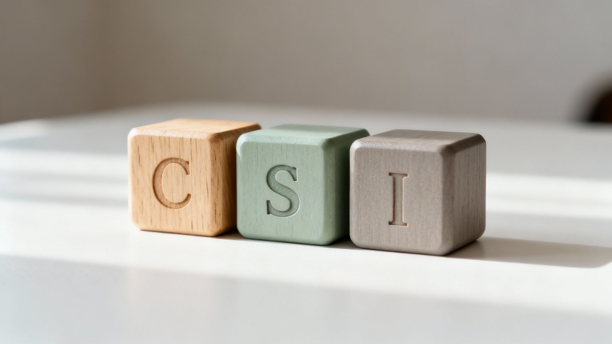 Three wooden letter blocks spelling 'CSI' on a white surface with sunlight.