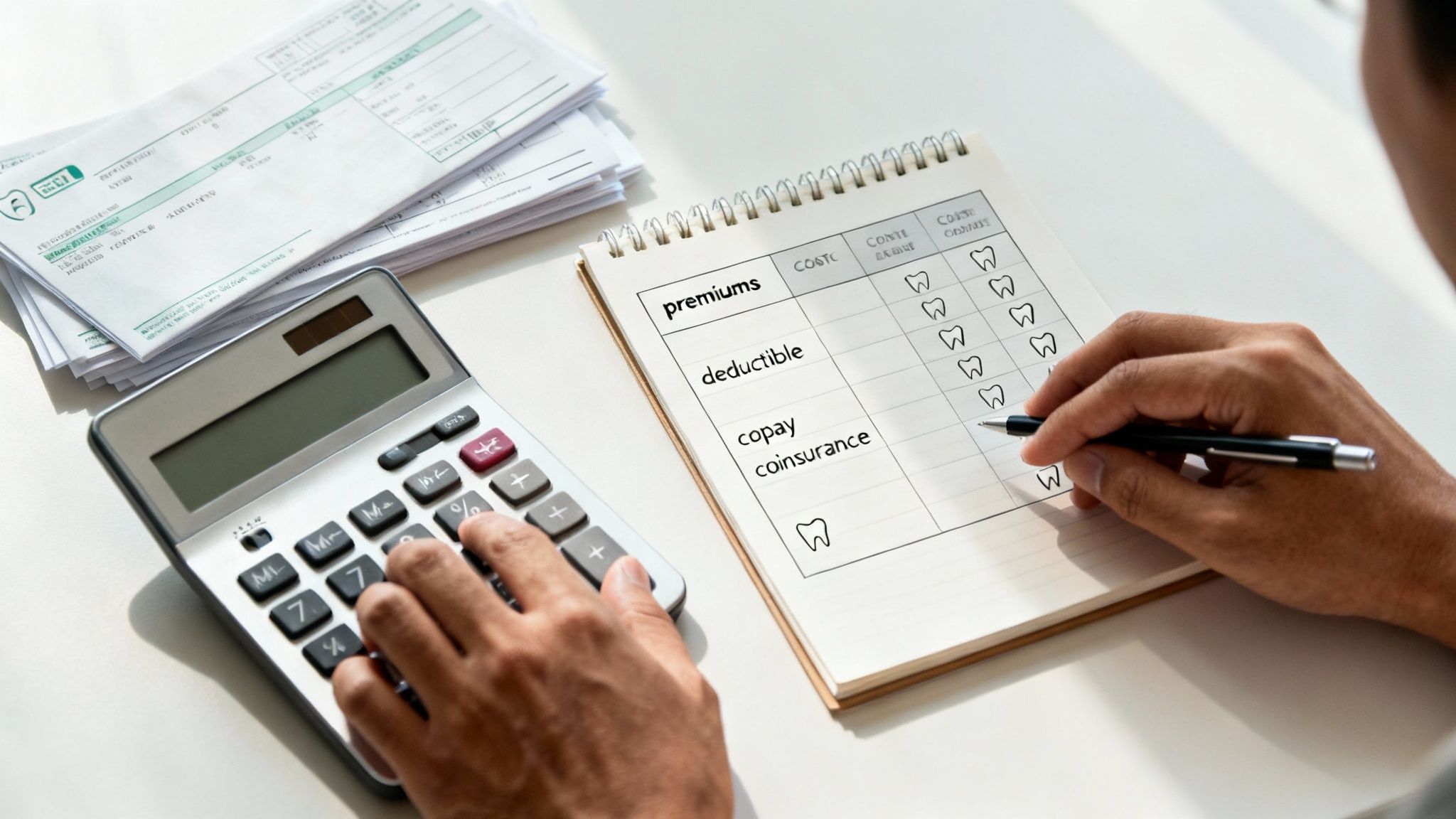 A person is looking at dental insurance documents and using a calculator to figure out costs A person is looking at dental insurance documents and using a calculator to figure out costs