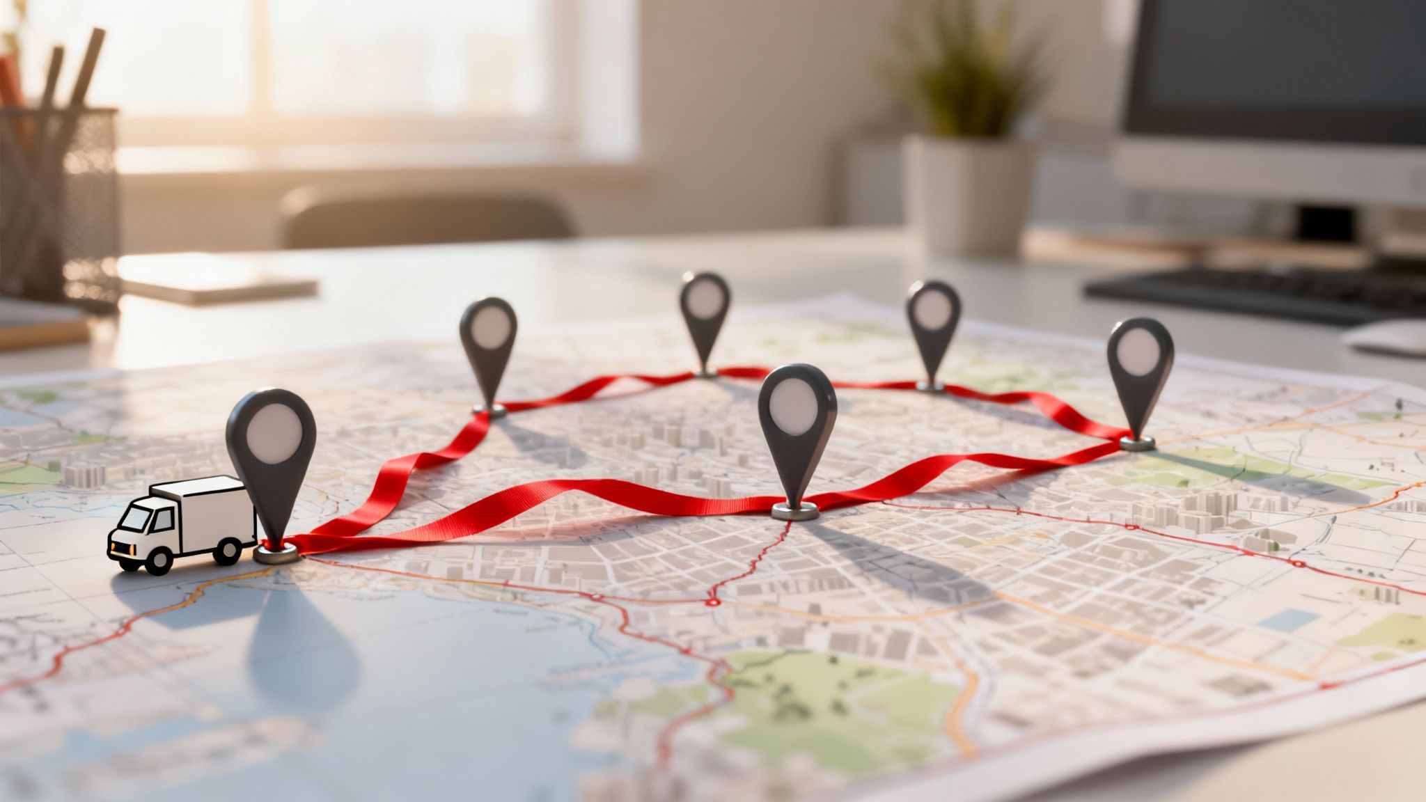 A white delivery truck and multiple location pins connected by a red ribbon on a map, symbolizing logistics and route planning.