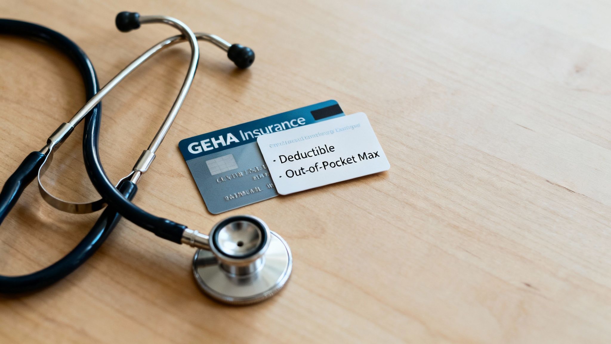 A stethoscope, GEHA insurance card, and a note detailing deductible and out-of-pocket maximum on a wooden surface.