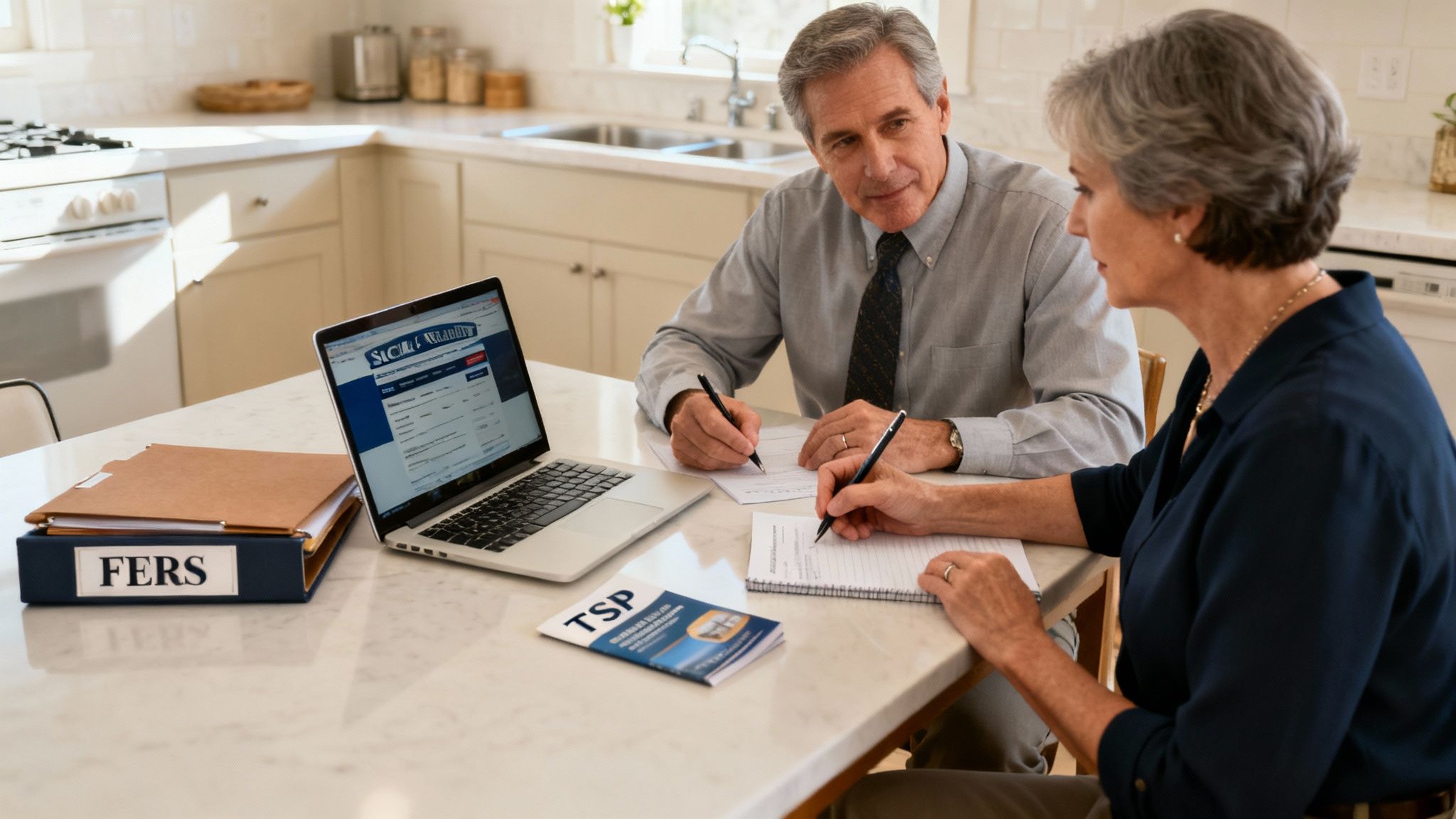 Elderly couple reviewing Social Security benefits and retirement planning documents at a kitchen table.