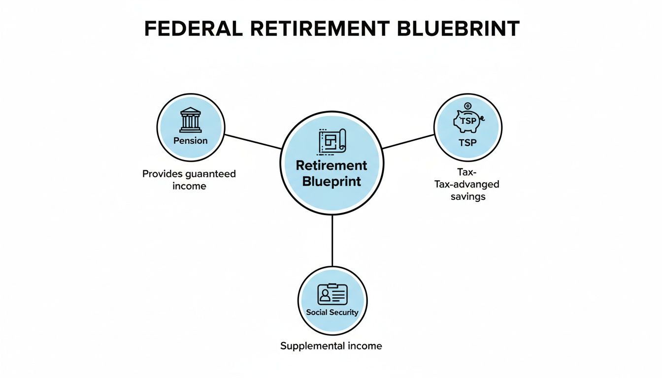 A blueprint illustrating federal employee retirement income from Pension, TSP, and Social Security.