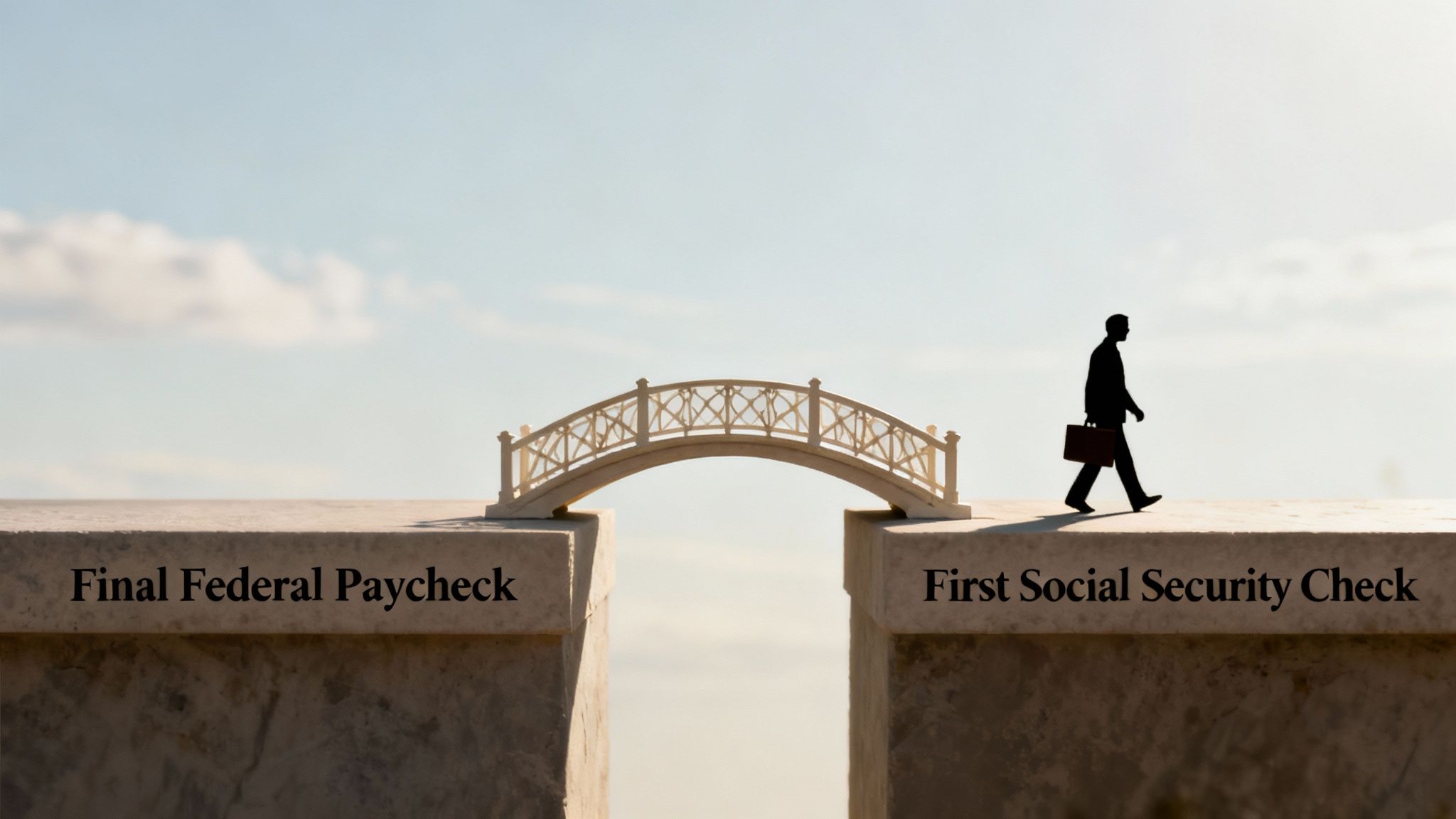 Silhouette of a man walks across a bridge connecting 'Final Federal Paycheck' and 'First Social Security Check'.