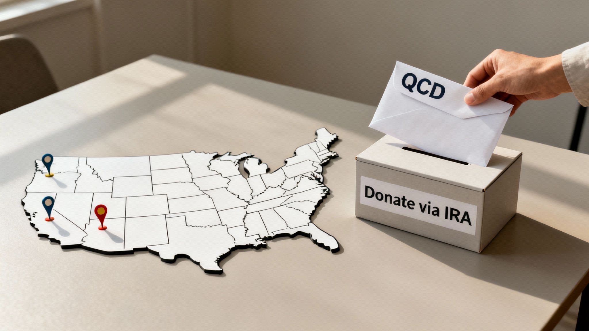 A hand places a QCD envelope into a 'Donate via IRA' box beside a USA map with location pins.