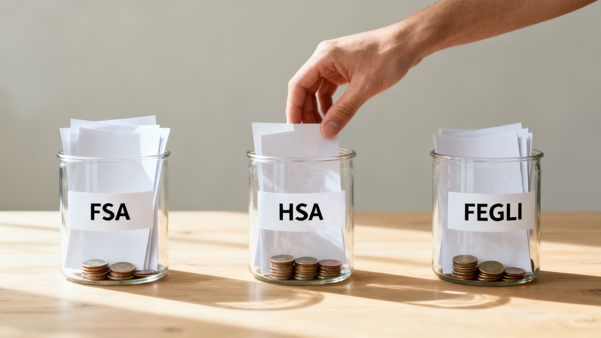 A hand puts paper into an HSA jar, next to FSA and FEGLI jars, symbolizing federal benefits planning.