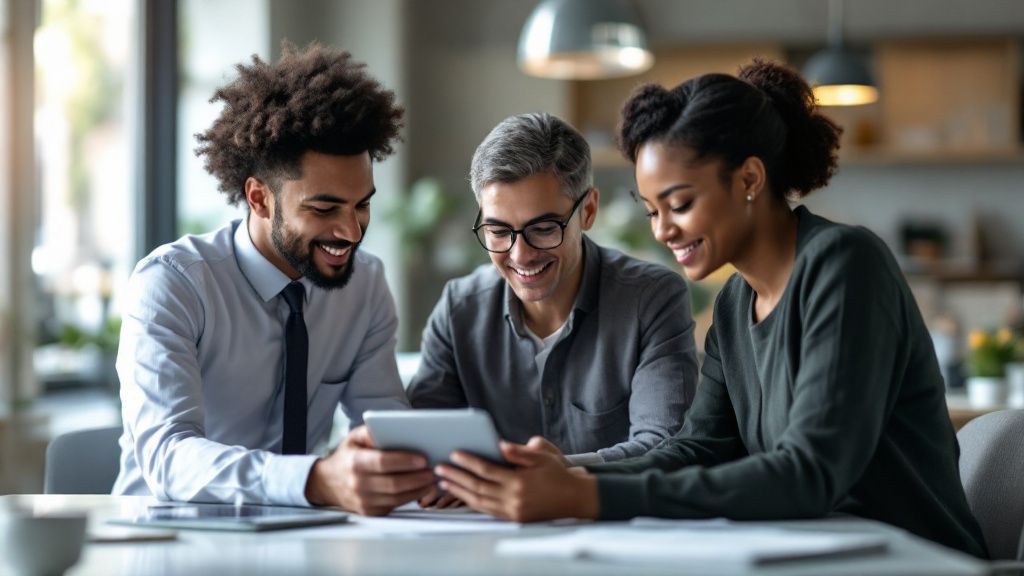 A group of diverse professionals working together in a modern office, representing federal employees.
