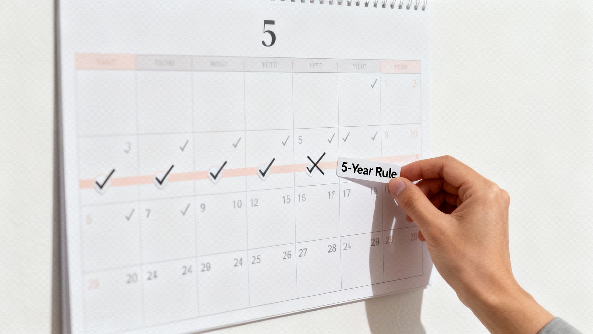 Hand placing a '5-Year Rule' sticker on a calendar displaying marked dates in May.