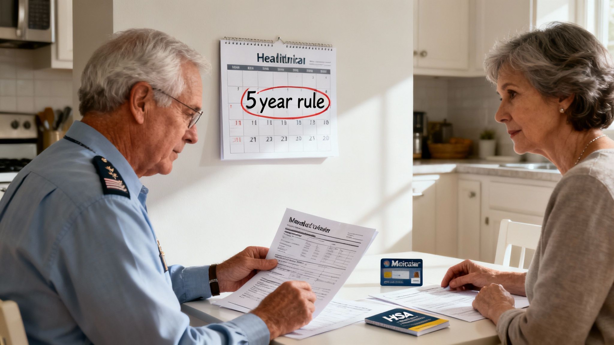 An older couple reviews documents at a table; a calendar shows "5 year rule," with a Medicare card and HSA booklet nearby.