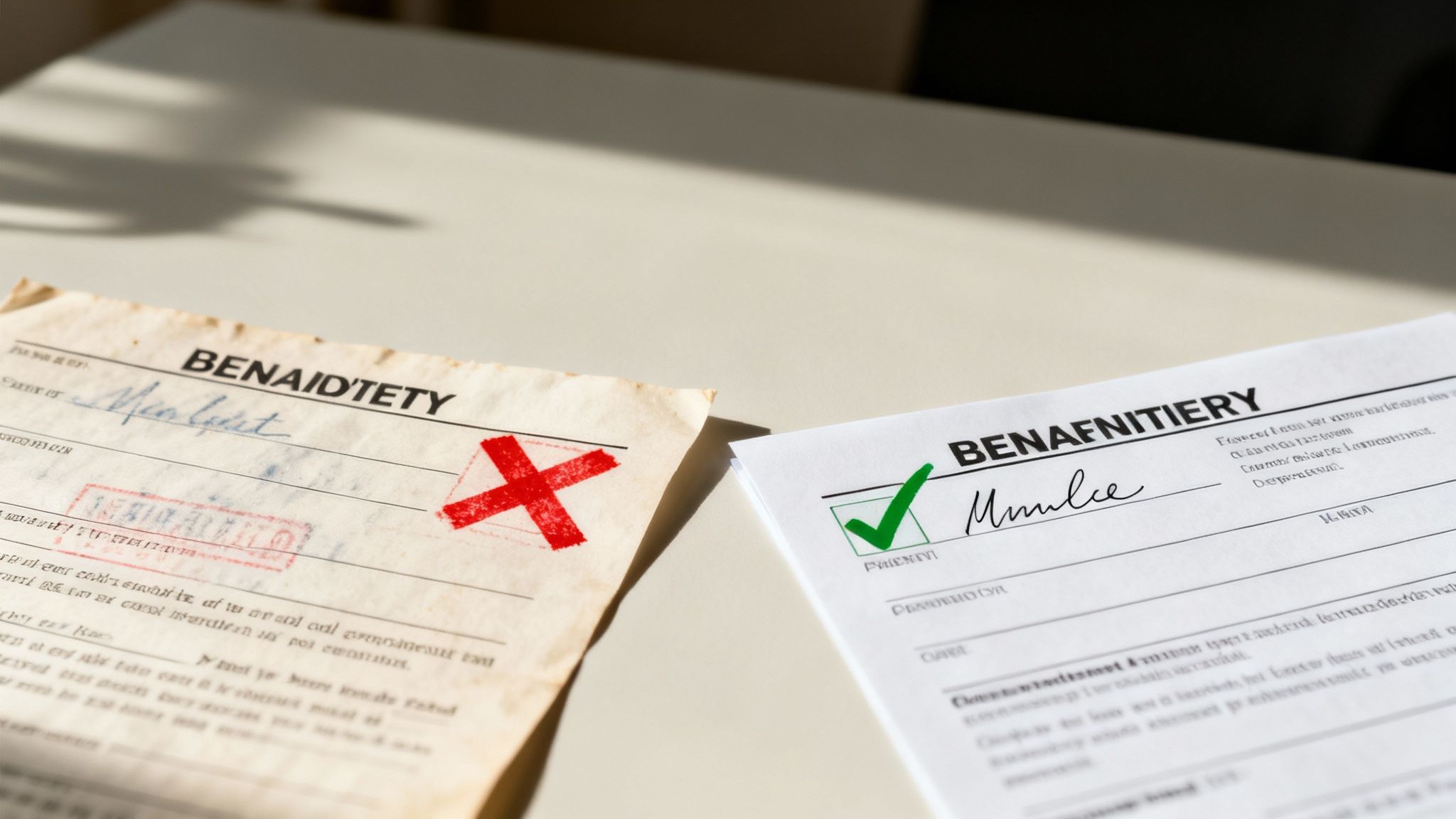 Two documents on a desk: an old form with a red 'X' and a new form with a green checkmark.