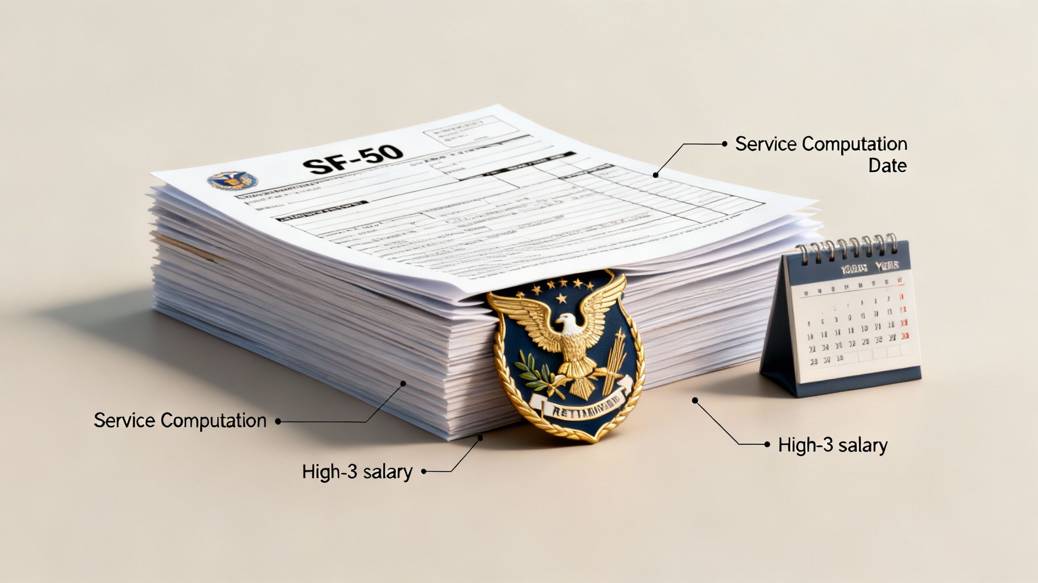 SF-50 forms, a retirement badge, and calendar illustrating service computation and high-3 salary.