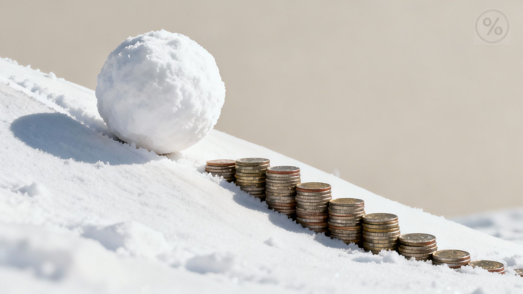 A large snowball rolls down a snowy hill next to ascending stacks of coins, illustrating financial growth. A large snowball rolls down a snowy hill next to ascending stacks of coins, illustrating financial growth.