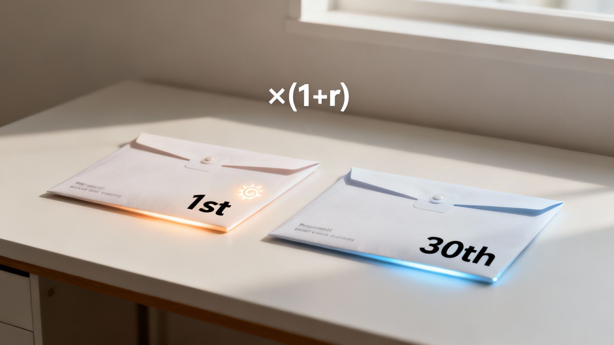 A split-screen image showing a calendar on one side with the 1st of the month circled, and another calendar on the other side with the 31st circled, representing different payment timings. A split-screen image showing a calendar on one side with the 1st of the month circled, and another calendar on the other side with the 31st circled, representing different payment timings.
