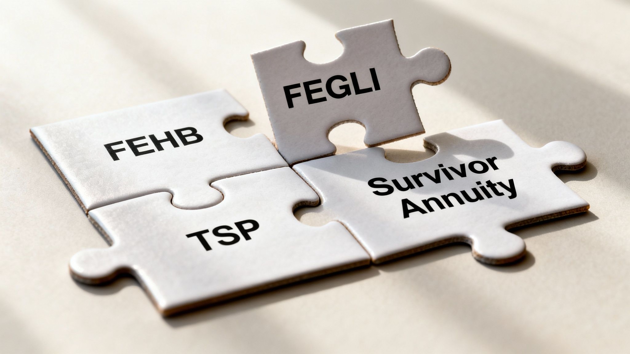 Four puzzle pieces displaying federal employee benefits: FEHB, FEGLI, TSP, and Survivor Annuity.