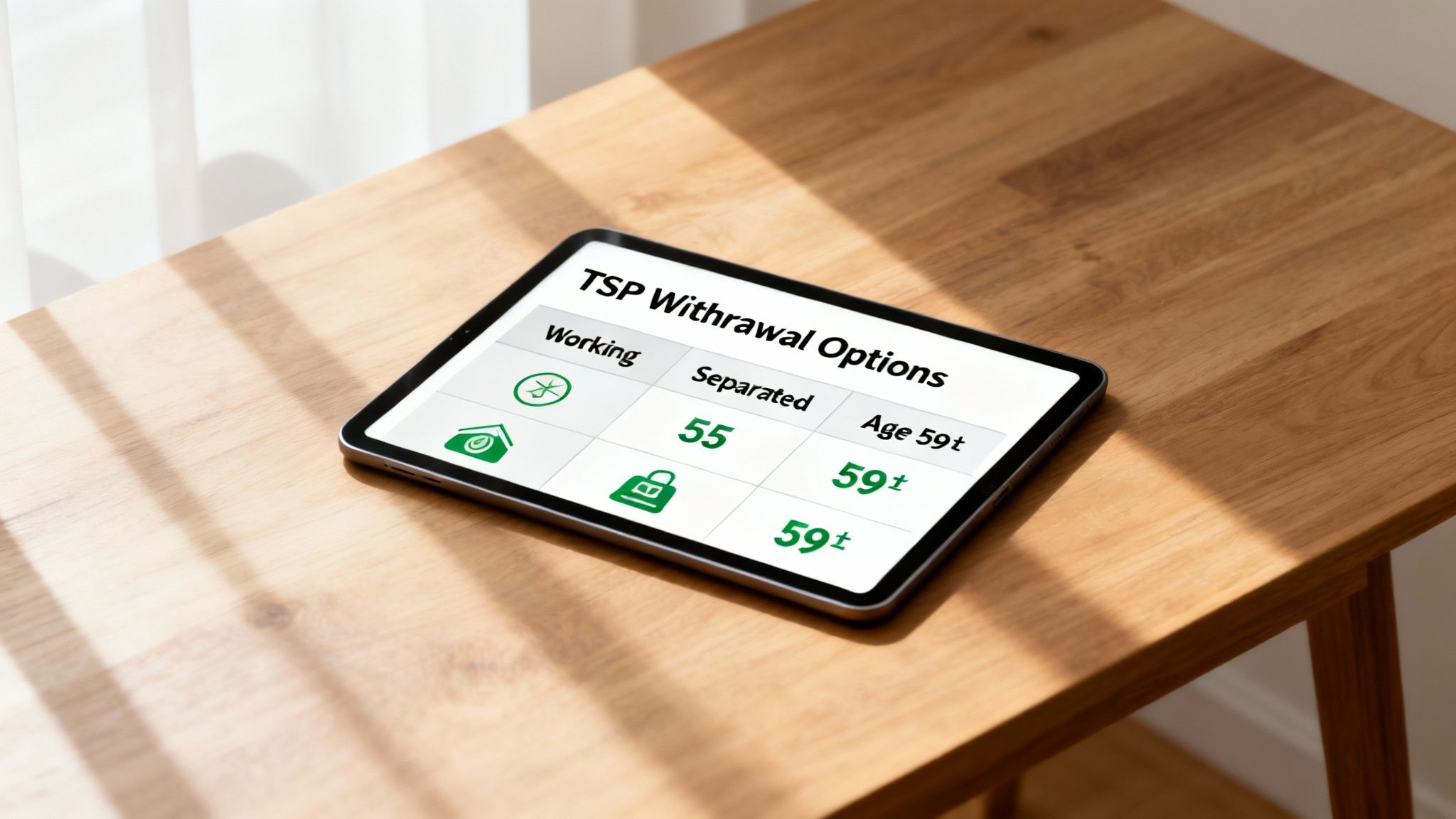 A tablet on a wooden table displaying a TSP Withdrawal Options chart with ages and icons.