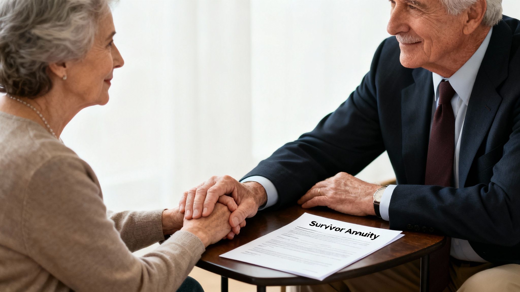 Elderly couple holding hands over a 'Survivor Annuity' document, discussing retiree financial plans.