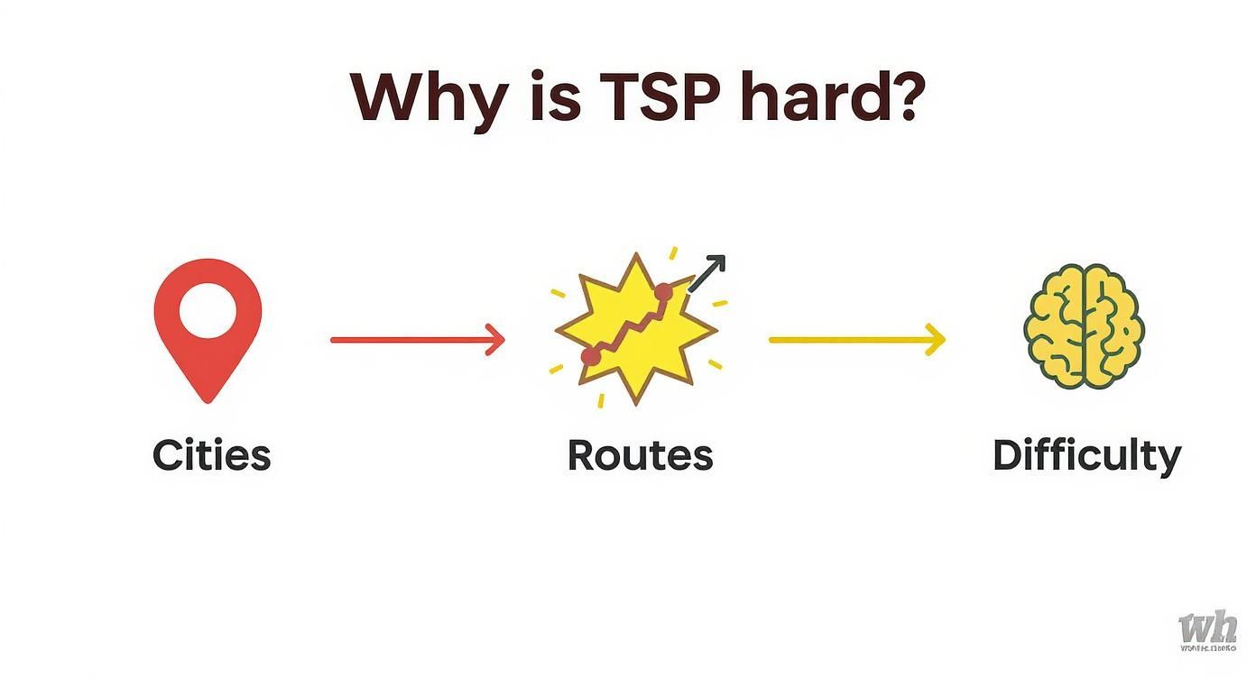 Diagram showing cities leading to many routes, which increases the difficulty of the Traveling Salesperson Problem (TSP).