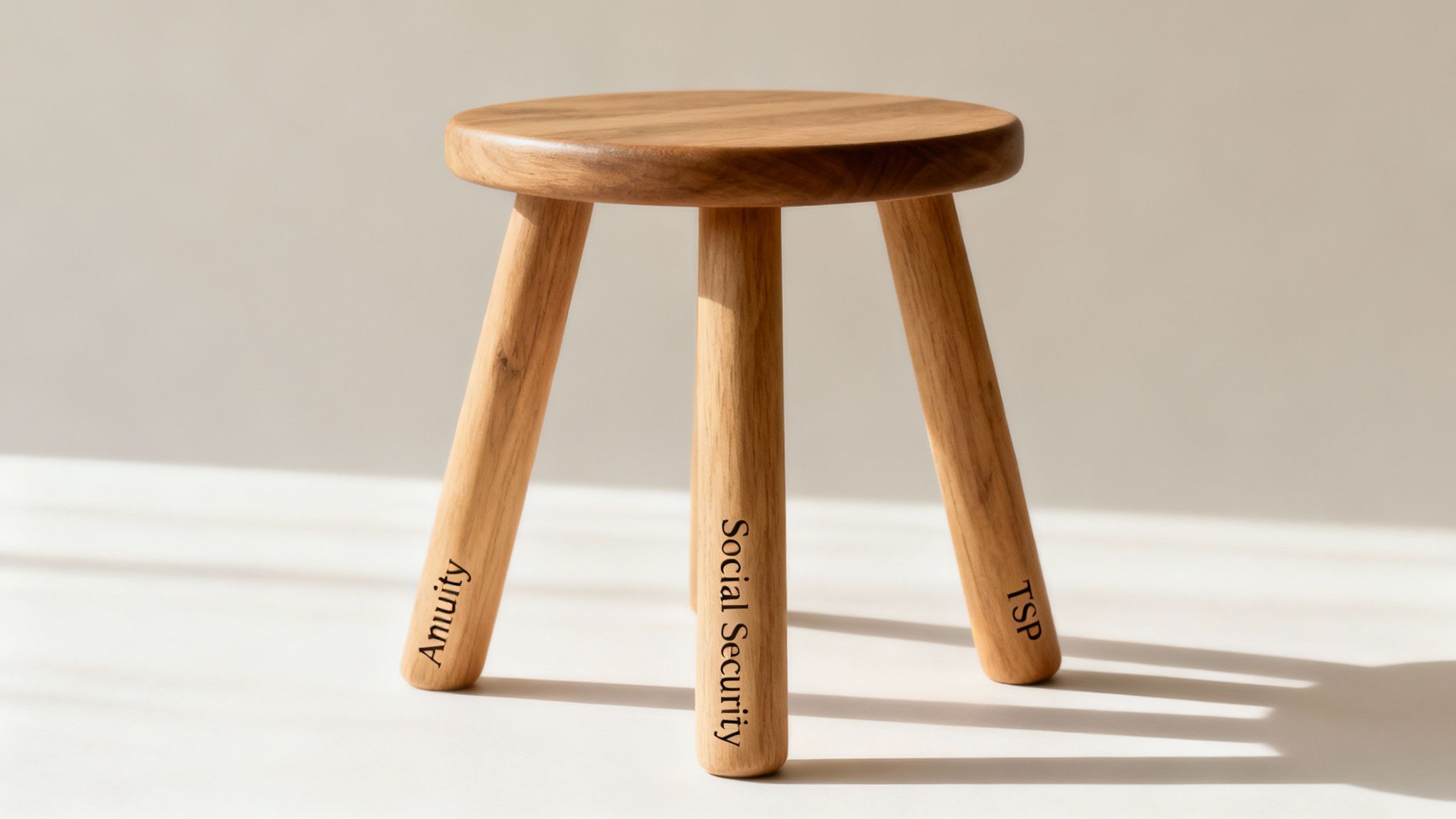 A wooden three-legged stool with 'Annuity', 'Social Security', and 'TSP' written on its legs, symbolizing retirement pillars. A wooden three-legged stool with 'Annuity', 'Social Security', and 'TSP' written on its legs, symbolizing retirement pillars.