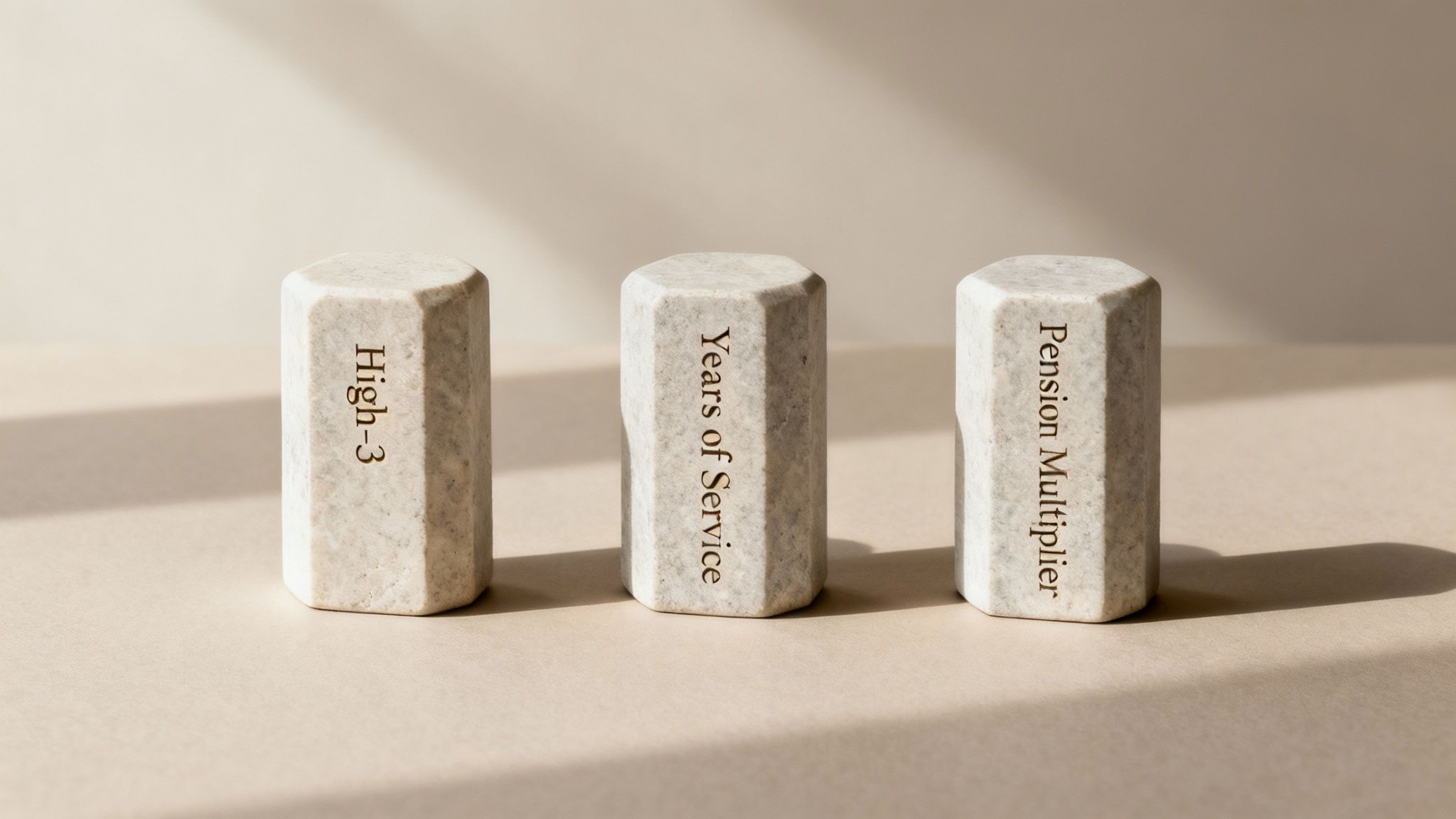 Three stone blocks illustrating key components for pension calculation: High-3, Years of Service, Pension Multiplier.