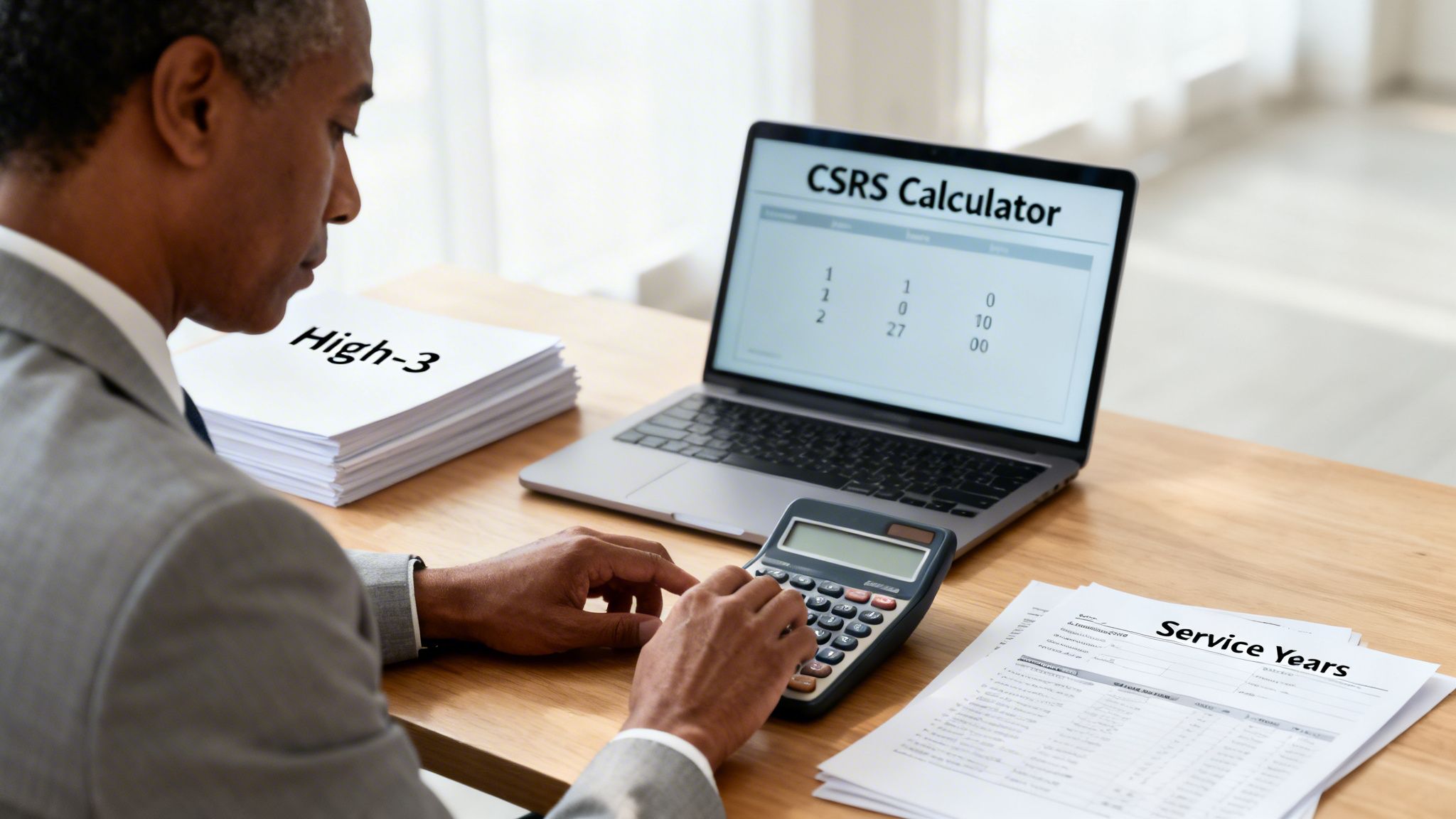Man calculating Civil Service Retirement System benefits with calculator, laptop displaying CSRS Calculator, and documents.