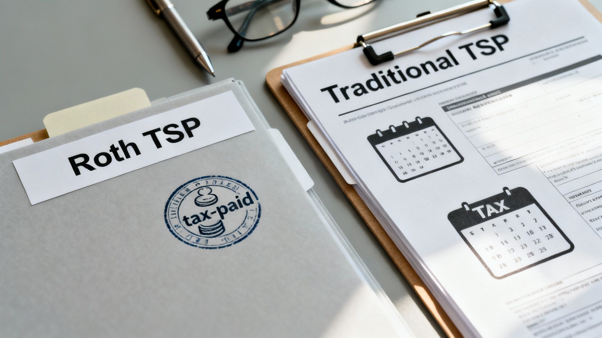 Comparison of Roth TSP and Traditional TSP documents with a 'tax-paid' stamp and tax forms.