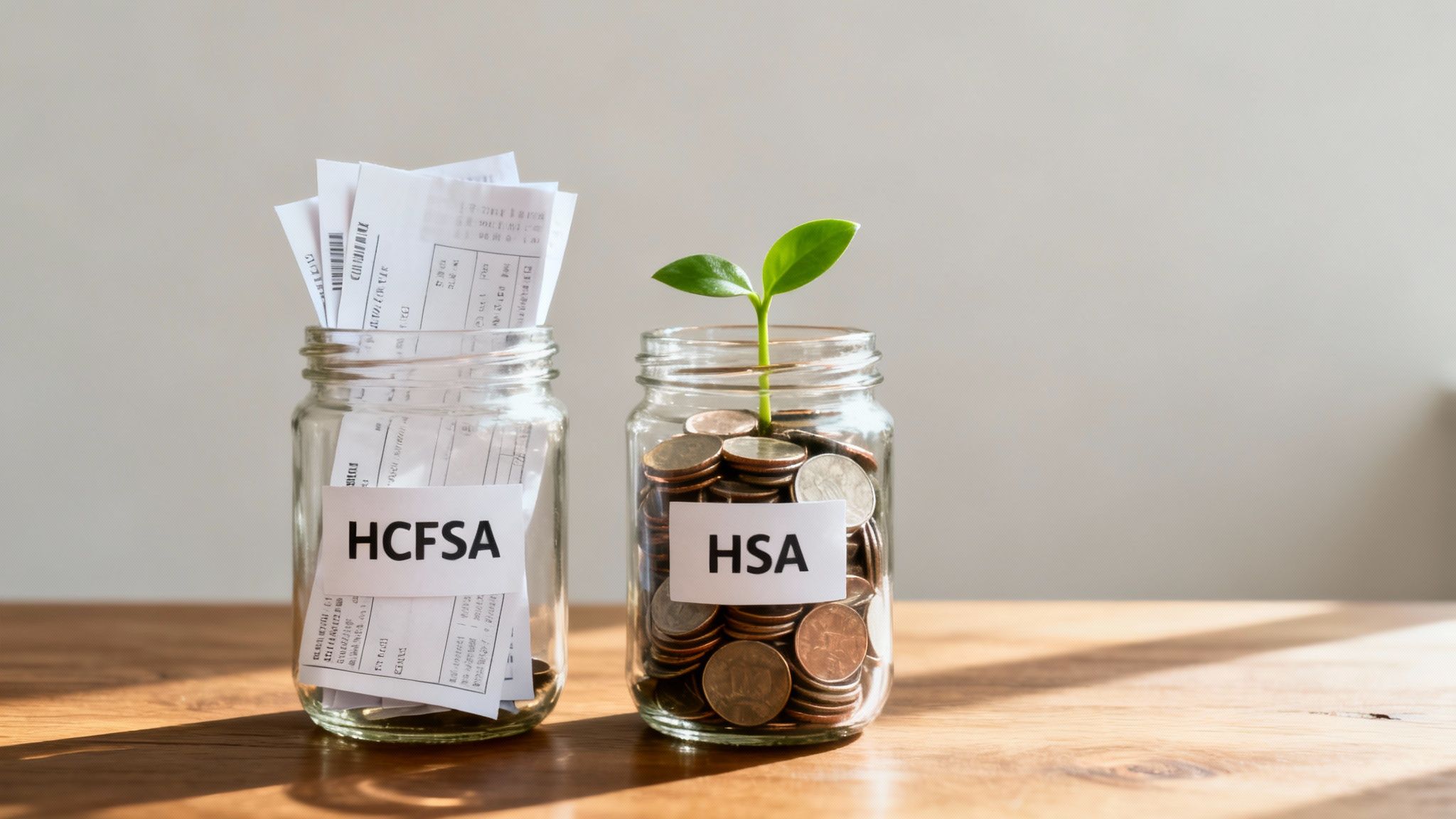Two glass jars on a wooden table, one with HCFSA receipts and the other with HSA coins and a plant.