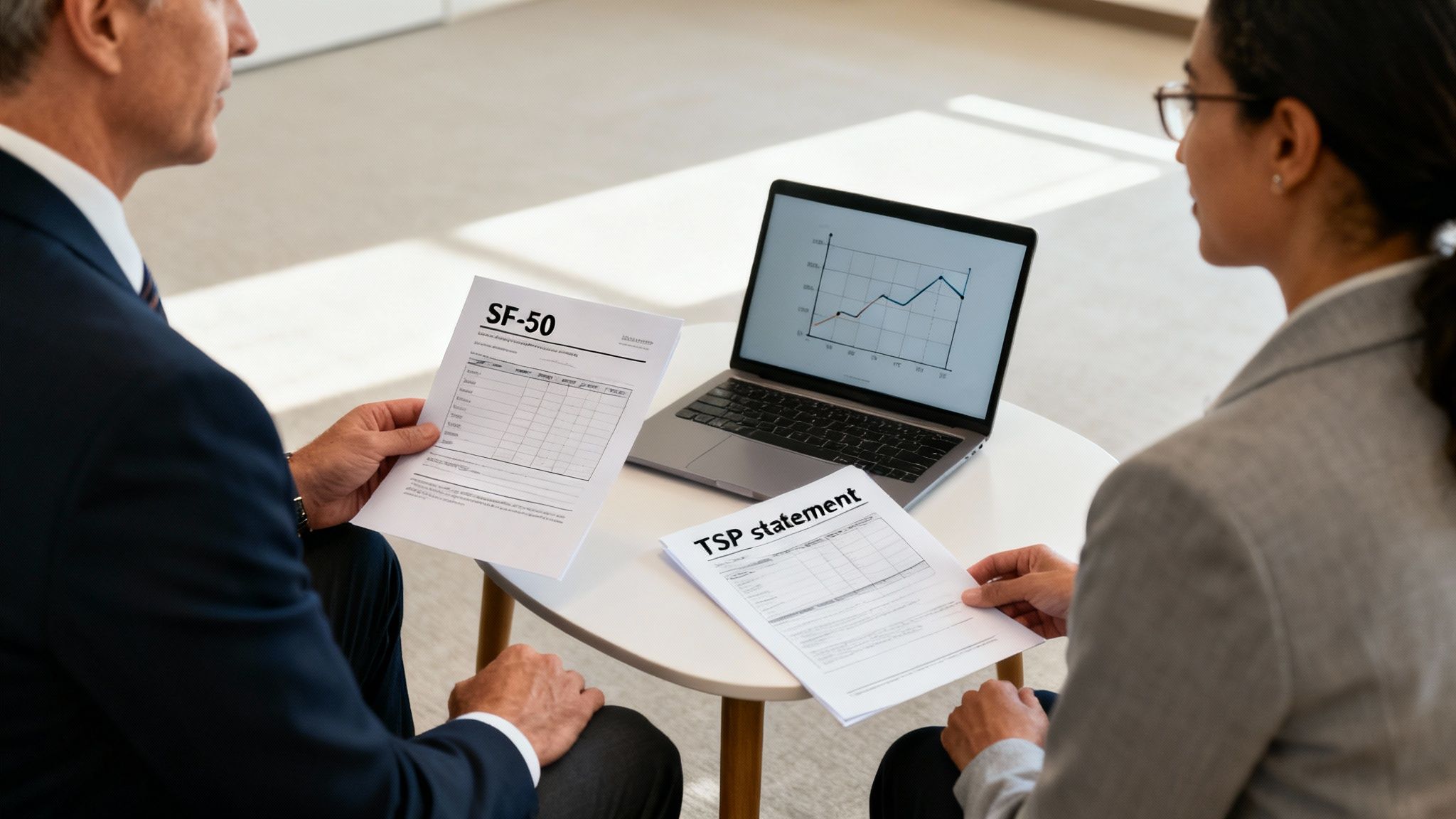 A federal employee and their financial advisor reviewing retirement documents together. A federal employee and their financial advisor reviewing retirement documents together.
